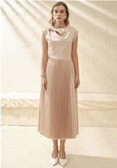 Silk Midi Dress with Draped Neckline and Knife-Pleated Skirt for Elegant Movement